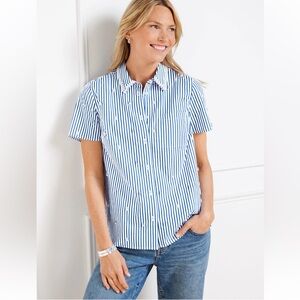 Talbots Blue & White Striped Pearl Embellished Button Down Top Size PLarge